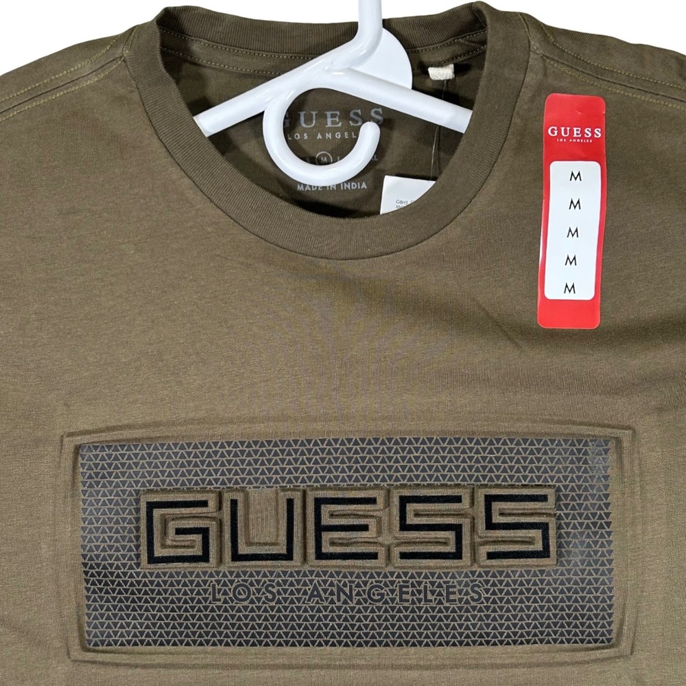 Guess Mens Arbor Logo Crew‎ Tee Shirt Dusty Sage Green Medium New Raised Logo